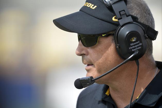 Missouri Tigers head coach Gary Pinkel watches the game in the third quarter of a 49-24 win over the Toledo Rockets in an NCAA college football game in Toledo, Ohio, Saturday, Sept. 6, 2014. (AP Photo/David Richard)