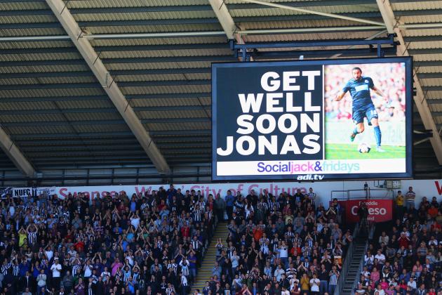 SWANSEA, WALES - OCTOBER 04:  The scoreboard displays a message of support for Jonas Gutierrez of Newcastle United during the Barclays Premier League match between Swansea City and Newcastle United at Liberty Stadium on October 4, 2014 in Swansea, Wales.  (Photo by Michael Steele/Getty Images)