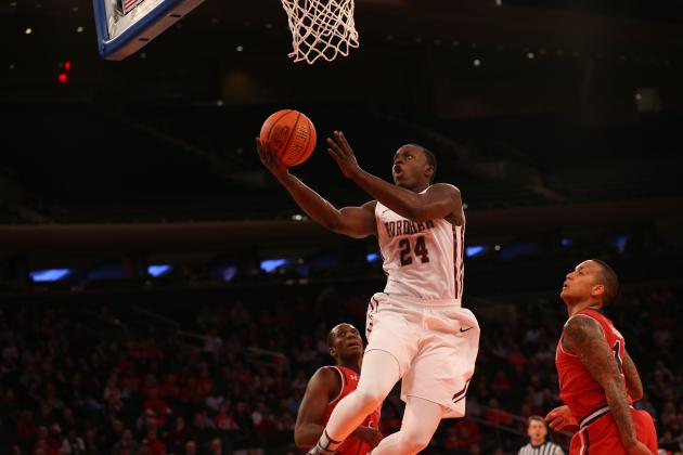 Dec 14, 2014; New York, NY, USA;  Fordham Rams guard Bryan Smith (24) drives up to the basket during the first half against the St. John's Red Storm at Madison Square Garden. Mandatory Credit: Anthony Gruppuso-USA TODAY Sports