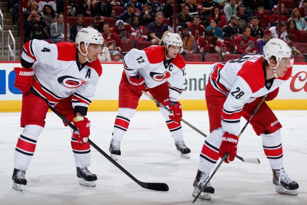 GLENDALE, AZ - FEBRUARY 05: (L-R) Andrej Sekera #4, Eric Staal #12 and Alexander Semin #28 of the Carolina Hurricanes in action during the NHL game against the Arizona Coyotes at Gila River Arena on February 5, 2015 in Glendale, Arizona. The Hurricanes defeated the Coyotes 2-1 in overtime shootout. (Photo by Christian Petersen/Getty Images)