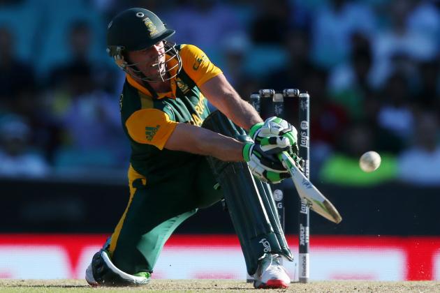 South Africa's AB De Villiers hits the ball for six runs during their Cricket World Cup Pool B match against the West Indies in Sydney, Australia, Friday, Feb. 27, 2015. (AP Photo/Rick Rycroft)