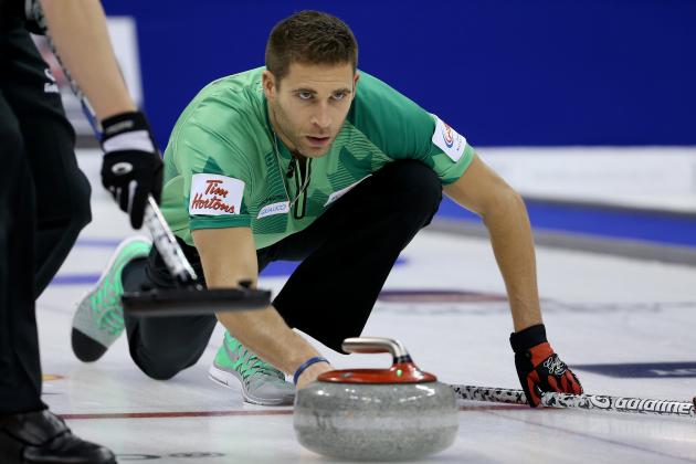WINNIPEG, CANADA - DECEMBER 8: Skip John Morris (third rocks) throws a rock in the Men's Final against Team Jacobs at the Roar of the Rings Canadian Olympic Curling Trials on December 8, 2013 at MTS Centre in Winnipeg, Manitoba, Canada. (Photo by Trevor Hagan/Getty Images)
