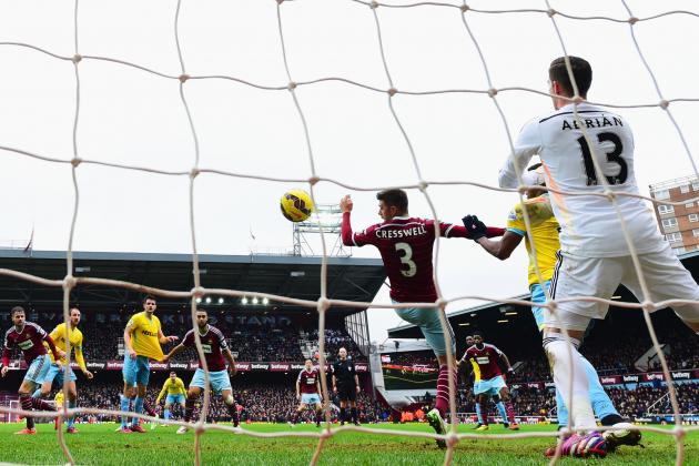 LONDON, ENGLAND - FEBRUARY 28:  Aaron Cresswell of West Ham United (3) deflects a header from Glenn Murray of Crystal Palace (2L) as he scores their first goal during the Barclays Premier League match between West Ham United and Crystal Palace at Boleyn Ground on February 28, 2015 in London, England.  (Photo by Jamie McDonald/Getty Images)