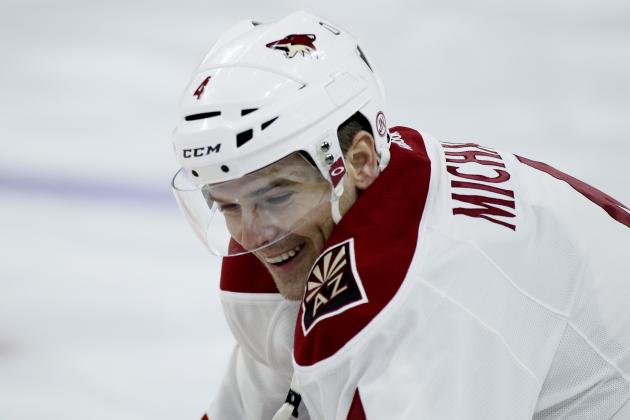 Arizona Coyotes' Zbynek Michalek during warm-ups before the start of an NHL hockey game against the Philadelphia Flyers, Tuesday, Jan. 27, 2015, in Philadelphia. (AP Photo/Tom Mihalek)