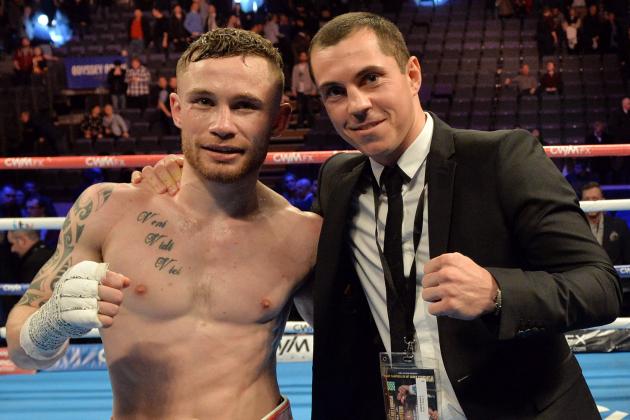 BELFAST, NORTHERN IRELAND - FEBRUARY 28:  Carl Frampton (L) with Scott Quigg (R) aftet Framptons victory for the IBF Super Bantamweight World Title at Odyssey Arena on February 28, 2015 in Belfast, Northern Ireland.  (Photo by Charles McQuillan/Getty Images)