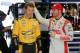 Aug 29, 2014; Hampton, GA, USA; NASCAR Sprint Cup Series driver Dale Earnhardt Jr. (right) and Brad Keselowski during practice for the Oral-B USA 500 at Atlanta Motor Speedway. Mandatory Credit: Kevin Liles-USA TODAY Sports