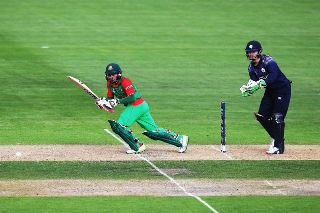 NELSON, NEW ZEALAND - MARCH 05: Mushfiqur Rahim of Bangladesh works the ball away for four runs during the 2015 ICC Cricket World Cup match between Bangladesh and Scotland at Saxton Field on March 5, 2015 in Nelson, New Zealand. (Photo by Hannah Peters/Getty Images)