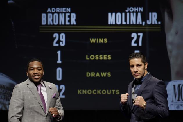 Boxers Adrien Broner, left, and John Molina, Jr. pose for pictures during a news conference in New York, Wednesday, Jan. 14, 2015. The match between these two boxers will be broadcast in prime time on March 7, 2015, as part of the Premiere Boxing Champions series on NBC. (AP Photo/Seth Wenig)