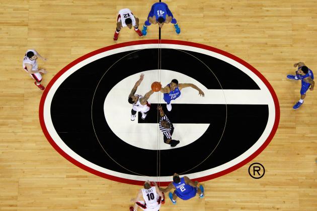 ATHENS, GA - MARCH 03: Marcus Thornton #2 of the Georgia Bulldogs contests the opening tip against Karl-Anthony Towns #12 of the Kentucky Wildcats at Stegeman Coliseum on March 3, 2015 in Athens, Georgia. (Photo by Kevin C. Cox/Getty Images)
