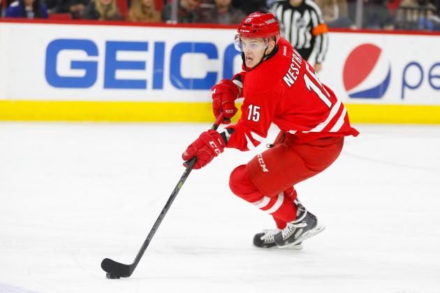 Feb 20, 2015; Raleigh, NC, USA; Carolina Hurricanes forward Andrej Nestrasil (15) skates with puck against the Toronto Maple Leafs at PNC Arena. The Carolina Hurricanes defeated the Toronto Maple Leafs 2-1. Mandatory Credit: James Guillory-USA TODAY Sports