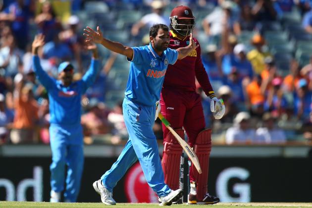 PERTH, AUSTRALIA - MARCH 06: Mohammed Shami of India appeals unsuccessfully for the wicket of Chris Gayle of the West Indies during the 2015 ICC Cricket World Cup match between India and the West Indies at WACA on March 6, 2015 in Perth, Australia.  (Photo by Paul Kane/Getty Images)