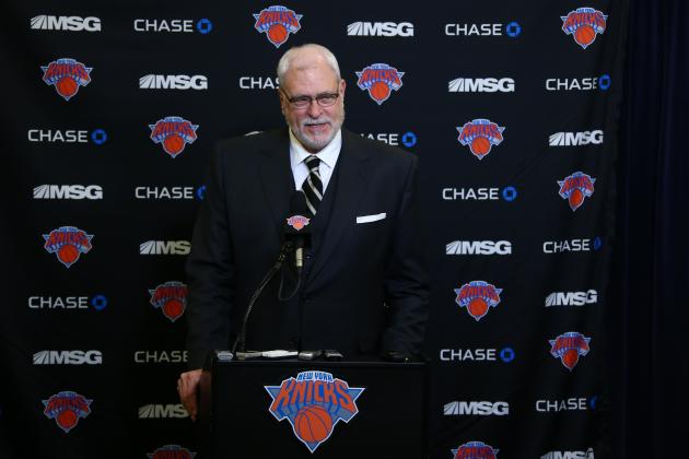 NEW YORK, NY - JANUARY 10:   President of the New York Knicks, Phil Jackson, speaks at a press conference before the game against the Charlotte Hornets on January 10, 2015 at Madison Square Garden in New York City, New York.  NOTE TO USER: User expressly acknowledges and agrees that, by downloading and or using this photograph, User is consenting to the terms and conditions of the Getty Images License Agreement. Mandatory Copyright Notice: Copyright 2015 NBAE  (Photo by Nathaniel S. Butler/NBAE via Getty Images)