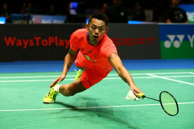 BIRMINGHAM, ENGLAND - MARCH 05:  Lin Dan of China in action as he beats Tian Houwei of China in the men's singles during day three of YONEX All England Open Badminton Championships at Birmingham Barclaycard Arena on March 5, 2015 in Birmingham, England.  (Photo by Richard Heathcote/Getty Images)