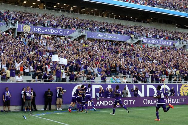 ORLANDO, FL - MARCH 08:  Kaka #10 of Orlando City SC celebrates after he scores the first goal in team history during an MLS soccer match between the New York City FC and the Orlando City SC at the Orlando Citrus Bowl on March 8, 2015 in Orlando, Florida. This was the first game for both teams and the final score was 1-1.(Photo by Alex Menendez/Getty Images)