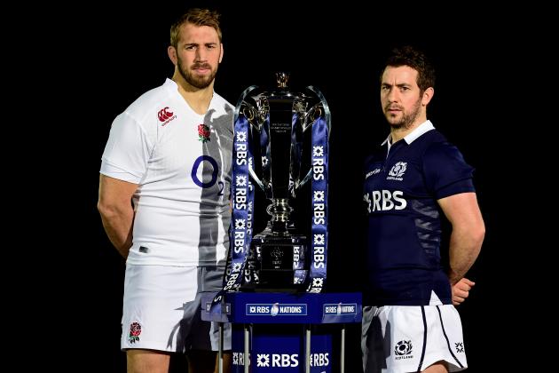 LONDON, ENGLAND - JANUARY 28: (L-R) Chris Robshaw of England and Greig Laidlaw of Scotland pose with the trophy during the launch of the 2015 RBS Six Nations at the Hurlingham club on January 28, 2015 in London, England. (Photo by Stu Forster/Getty Images)