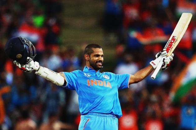 HAMILTON, NEW ZEALAND - MARCH 10:  Shikhar Dhawan of India celebrates after scoring a century during the 2015 ICC Cricket World Cup match between Ireland and India at Seddon Park on March 10, 2015 in Hamilton, New Zealand.  (Photo by Hannah Peters/Getty Images)