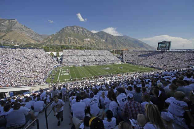 LaVell Edwards Stadium is viewed in the second half during an NCAA college football game between BYU and Virginia, Saturday, Sept. 20, 2014, in Provo, Utah. (AP Photo/Rick Bowmer)
