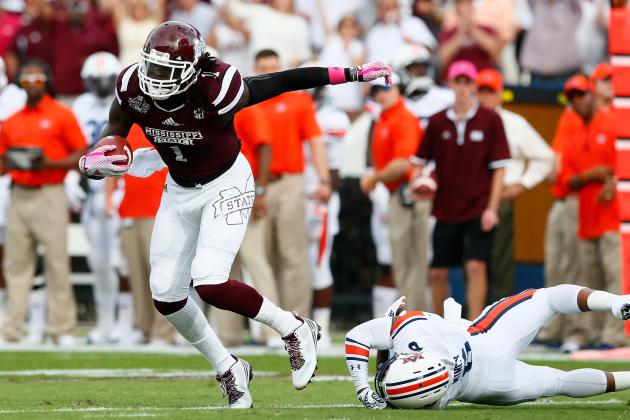 STARKVILLE, MS - OCTOBER 11:  De'Runnya Wilson #1 of the Mississippi State Bulldogs against Jonathon Mincy #6 of the Auburn Tigers at Davis Wade Stadium on October 11, 2014 in Starkville, Mississippi.  (Photo by Kevin C. Cox/Getty Images)