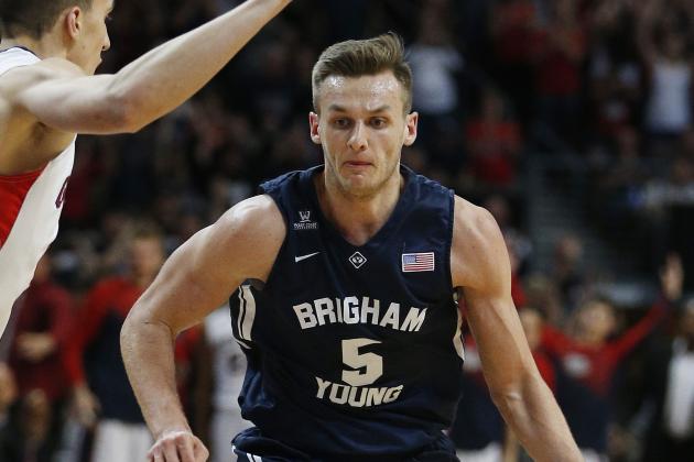 BYU's Kyle Collinsworth (5) drives up the court against Gonzaga in the second half of the West Coast Conference tournament championship NCAA college basketball game Tuesday, March 10, 2015, in Las Vegas. Gonzaga won 91-75. (AP Photo/John Locher)