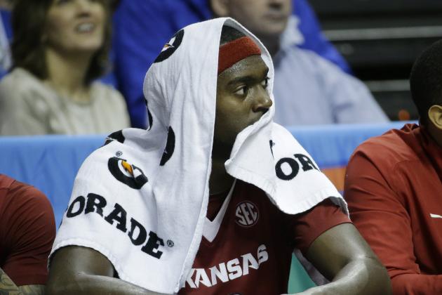 Arkansas forward Bobby Portis sits on the bench during the second half of the NCAA college basketball Southeastern Conference tournament championship game against Kentucky, Sunday, March 15, 2015, in Nashville, Tenn. Kentucky won 78-63. (AP Photo/Mark Humphrey)