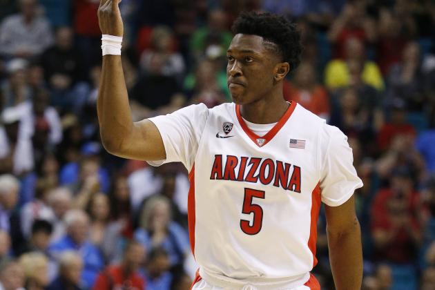 Arizona's Stanley Johnson celebrates after sinking a 3-point shot during the first half of an NCAA college basketball game against UCLA in the semifinals of the Pac-12 conference tournament Friday, March 13, 2015, in Las Vegas. (AP Photo/John Locher)