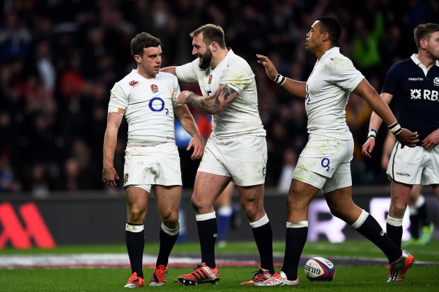 LONDON, ENGLAND - MARCH 14:  George Ford of England celebrates with team mates after scoring his team's second try of the game during the RBS Six Nations match between England and Scotland at Twickenham Stadium on March 14, 2015 in London, England.  (Photo by Laurence Griffiths/Getty Images)