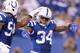 INDIANAPOLIS, IN - NOVEMBER 23: Trent Richardson #34 of the Indianapolis Colts celebrates with Andrew Jackson #54 after running for a touchdown during the game against the Jacksonville Jaguars at Lucas Oil Stadium on November 23, 2014 in Indianapolis, Indiana. (Photo by Andy Lyons/Getty Images)