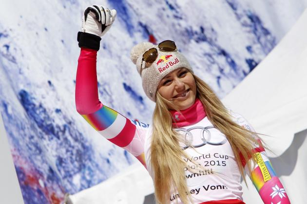 MERIBEL, FRANCE - MARCH 18: (FRANCE OUT) Lindsey Vonn of the USA wins the race and the overall World Cup downhill globe during the Audi FIS Alpine Ski World Cup Finals Women's Downhill on March 18, 2015 in Meribel, France. (Photo by Alexis Boichard/Agence Zoom/Getty Images)