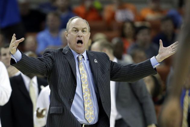 In this Friday, March 22, 2013, photo, UCLA coach Ben Howland talks to his players during the second half of a second-round game of the NCAA college basketball tournament in Austin, Texas. UCLA announced Sunday, March 24, 2013, that the university has fired Ben Howland as basketball coach after 10 seasons that included three Final Four appearances, but culminated with another early-round exit from the NCAA tournament. (AP Photo/Eric Gay)