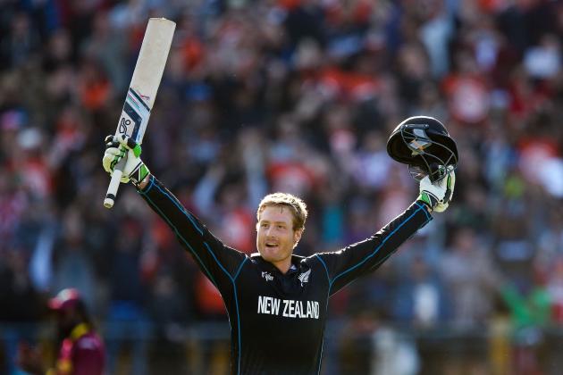 WELLINGTON, NEW ZEALAND - MARCH 21:  Martin Guptill of New Zealand celebrates his double century during the 2015 ICC Cricket World Cup match between New Zealand and the West Indies at Wellington Regional Stadium on March 21, 2015 in Wellington, New Zealand.  (Photo by Hagen Hopkins/Getty Images)