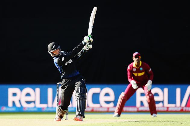 WELLINGTON, NEW ZEALAND - MARCH 21: Martin Guptill of New Zealand pulls the ball away for six runs during the 2015 ICC Cricket World Cup match between New Zealand and the West Indies at Wellington Regional Stadium on March 21, 2015 in Wellington, New Zealand.  (Photo by Hannah Peters/Getty Images)