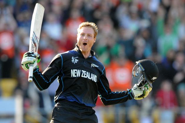 New Zealand’s Martin Guptill celebrates after scoring a double century while batting against the West Indies during their Cricket World Cup quarterfinal match in Wellington, New Zealand, Saturday, March 21, 2015. (AP Photo/Ross Setford)