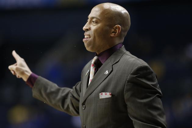 Mississippi State head coach Rick Ray speaks to players during the first half of an NCAA college basketball game in the first round of the Southeastern Conference tournament against Auburn, Wednesday, March 11, 2015, in Nashville, Tenn. (AP Photo/Steve Helber)