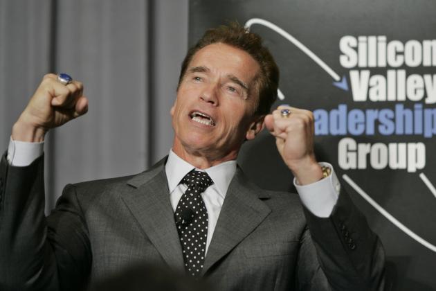 California Gov. Arnold Schwarzenegger speaks about his life as a bodybuilder and his relationship with his wife, Maria Shriver, during a speach to the Silicon Valley Leadership Group in San Jose, Calif. on Friday, Nov. 2, 2007. (AP Photo/Paul Sakuma)