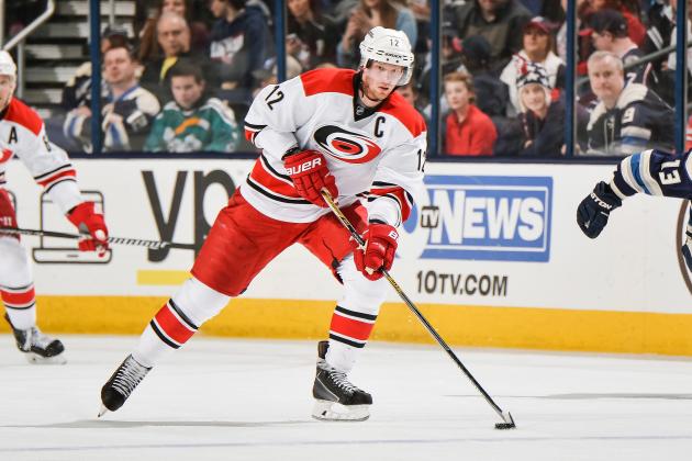 COLUMBUS, OH - MARCH 15: Eric Staal #12 of the Carolina Hurricanes skates against the Columbus Blue Jackets on March 15, 2015 at Nationwide Arena in Columbus, Ohio. (Photo by Jamie Sabau/NHLI via Getty Images)