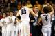 SEATTLE, WA - MARCH 22: Kyle Wiltjer #33 of the Gonzaga Bulldogs and teammate Kevin Pangos #4 celebrate with head coach Mark Few after defeating the Iowa Hawkeyes 87 to 68 during the third round of the 2015 NCAA Men's Basketball Tournament at KeyArena on March 22, 2015 in Seattle, Washington. (Photo by Ezra Shaw/Getty Images)