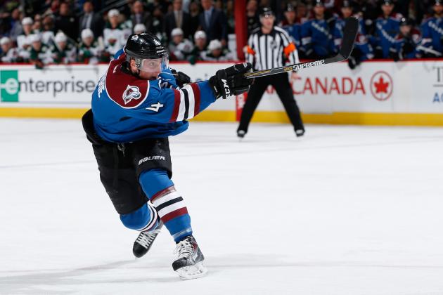 DENVER, CO - FEBRUARY 28:  Tyson Barrie #4 of the Colorado Avalanche takes a shot against the Minnesota Wild at Pepsi Center on February 28, 2015 in Denver, Colorado. The Wild defeated the Avalanche 3-1.  (Photo by Doug Pensinger/Getty Images)
