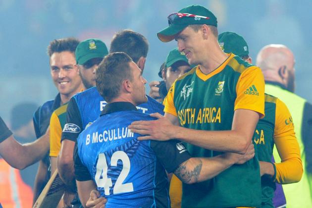 New Zealand’s Brendon McCullum, left, embraces South Africa's Morne Morkel after their Cricket World Cup semifinal in Auckland, New Zealand, Tuesday, March 24, 2015. New Zealand defeated South Africa by four wickets.  (AP Photo/Ross Setford)