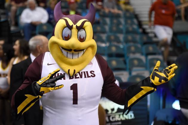 LAS VEGAS, NV - MARCH 11:  Arizona State Sun Devils mascot Sparky the Sun Devil stands on the court during a first-round game of the Pac-12 Basketball Tournament against the USC Trojans at the MGM Grand Garden Arena on March 11, 2015 in Las Vegas, Nevada. USC won 67-64.  (Photo by Ethan Miller/Getty Images)