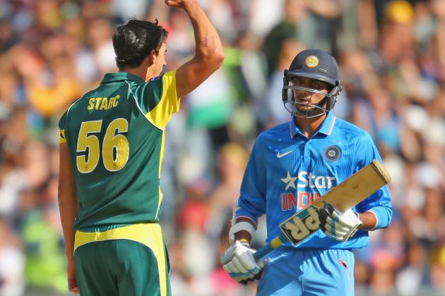 MELBOURNE, AUSTRALIA - JANUARY 18: Mitchell Starc of Australia celebrates after dismissing Akshar Patel of India during the One Day International match between Australia and India at the Melbourne Cricket Ground on January 18, 2015 in Melbourne, Australia. (Photo by Scott Barbour/Getty Images)