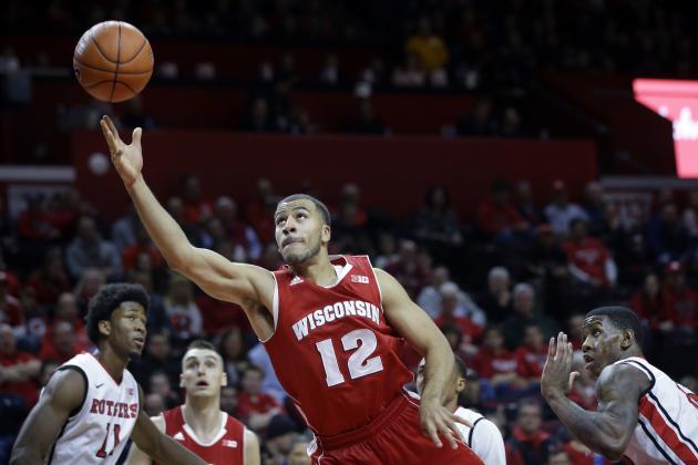 Wisconsin guard Traevon Jackson (12) shoots during the first half of an NCAA college basketball game against Rutgers, Sunday, Jan. 11, 2015, in Piscataway, N.J. (AP Photo/Mel Evans)