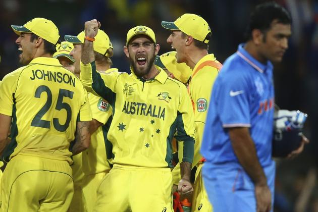 SYDNEY, AUSTRALIA - MARCH 26: Glenn Maxwell of Australia celebrates after Mitchell Starc of Australia took the wicket of Ajinkya Rahane of India during the 2015 Cricket World Cup Semi Final match between Australia and India at Sydney Cricket Ground on March 26, 2015 in Sydney, Australia. (Photo by Ryan Pierse/Getty Images)