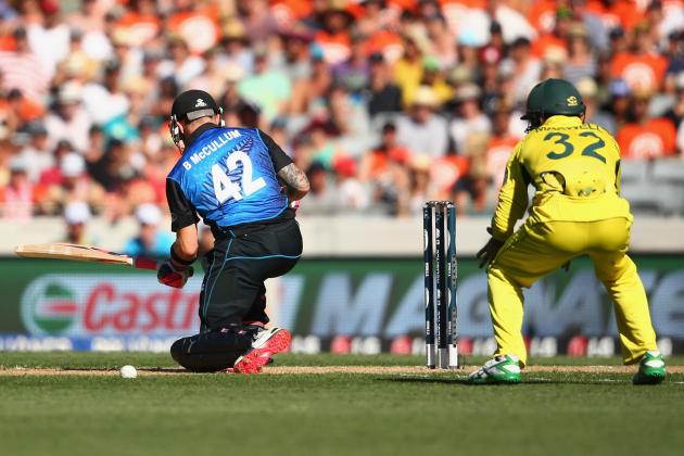 AUCKLAND, NEW ZEALAND - FEBRUARY 28:  Brendon McCullum of New Zealand is hit on the arm by a ball bowled by Mitchell Johnson of Australia during the 2015 ICC Cricket World Cup match between Australia and New Zealand at Eden Park on February 28, 2015 in Auckland, New Zealand.  (Photo by Mark Kolbe/Getty Images)