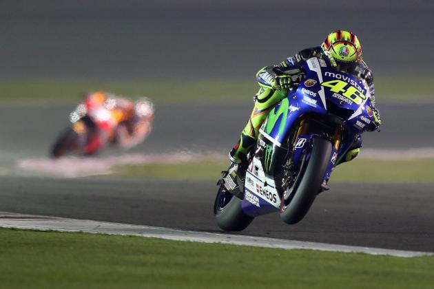 Italian MotoGP rider Valentino Rossi of the Movistar Yamaha MotoGP team steers his bike during a final session of the Moto GP World Championship at the Losail International Circuit in Doha, Qatar, Sunday, March 29, 2015. (AP Photo/Osama Faisal)