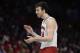 Mar 28, 2015; Los Angeles, CA, USA; Wisconsin Badgers forward Frank Kaminsky (44) celebrates the 85-78 victory against Arizona Wildcats during the second half in the finals of the west regional of the 2015 NCAA Tournament at Staples Center. Mandatory Credit: Robert Hanashiro-USA TODAY Sports