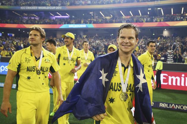 MELBOURNE, AUSTRALIA - MARCH 29: Shane Watson and Steve Smith of Australia celebrate during the 2015 ICC Cricket World Cup final match between Australia and New Zealand at Melbourne Cricket Ground on March 29, 2015 in Melbourne, Australia. (Photo by Ryan Pierse/Getty Images)