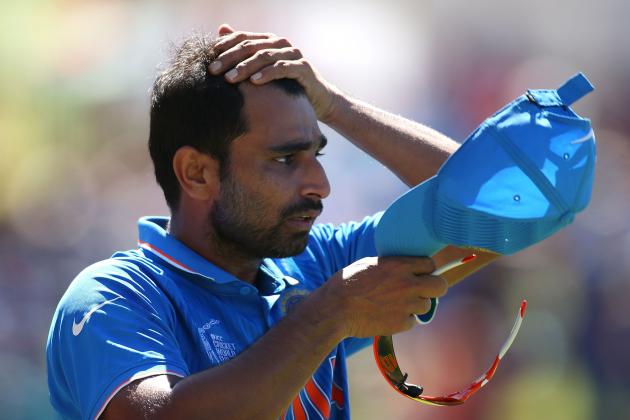PERTH, AUSTRALIA - MARCH 06: Mohammed Shami of India looks on during the 2015 ICC Cricket World Cup match between India and the West Indies at WACA on March 6, 2015 in Perth, Australia.  (Photo by Paul Kane/Getty Images)