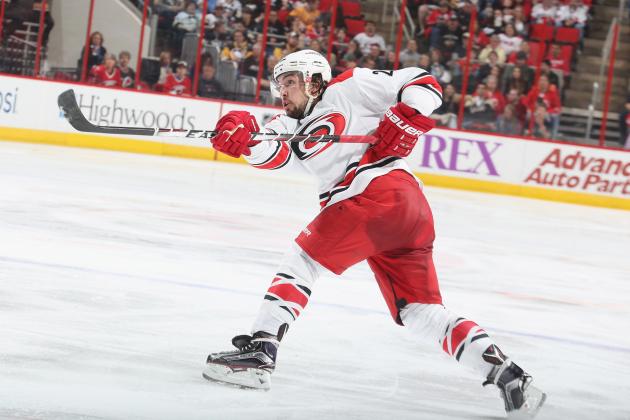 RALEIGH, NC - MARCH 26: Justin Faulk #27 of the Carolina Hurricanes shoots the puck on goal during their NHL game against the Pittsburgh Penguins at PNC Arena on March 26, 2015 in Raleigh, North Carolina.  (Photo by Gregg Forwerck/NHLI via Getty Images)