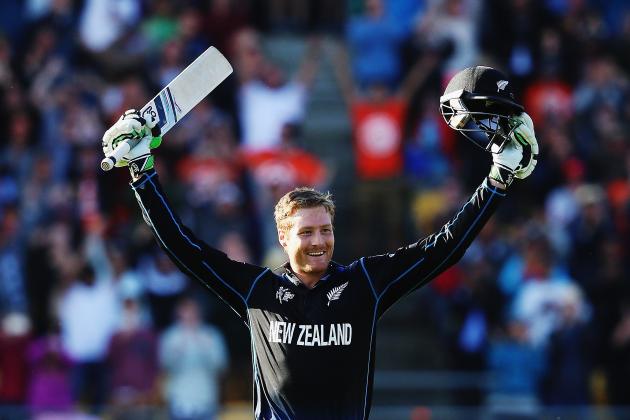 WELLINGTON, NEW ZEALAND - MARCH 21:  Martin Guptill of New Zealand celebrates after scoring 200 runs during the 2015 ICC Cricket World Cup match between New Zealand and the West Indies at Wellington Regional Stadium on March 21, 2015 in Wellington, New Zealand.  (Photo by Hannah Peters/Getty Images)