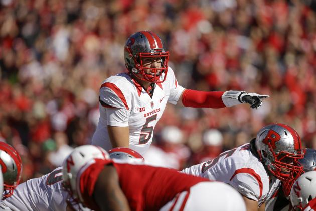 Rutgers quarterback Chris Laviano (5) calls instructions in the second half of an NCAA college football game against Nebraska in Lincoln, Neb., Saturday, Oct. 25, 2014. Nebraska won 42-24. (AP Photo/Nati Harnik)